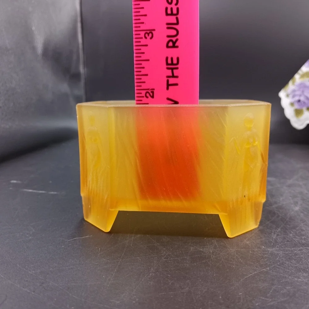 Deco Pressed Frosted Amber Glass Celluloid Lid Dresser Trinket Box